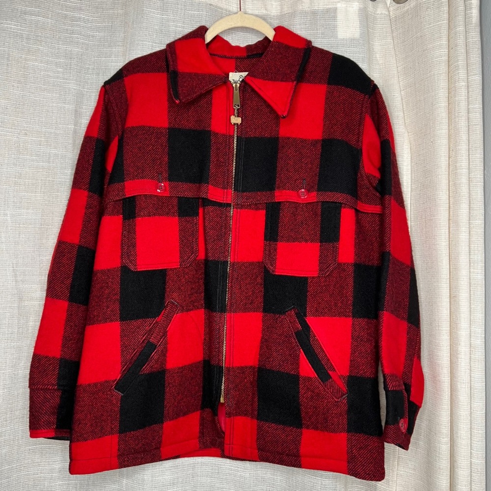 60s Vintage Woolrich Buffalo Plaid‎ Wool Jacket Zip Black Red Men's Size Medium